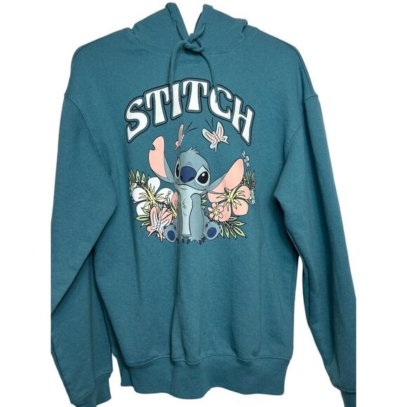 Disney Stitch Graphic Teal Hoodie Pullover With Floral Design Size Small - Picture 1 of 5